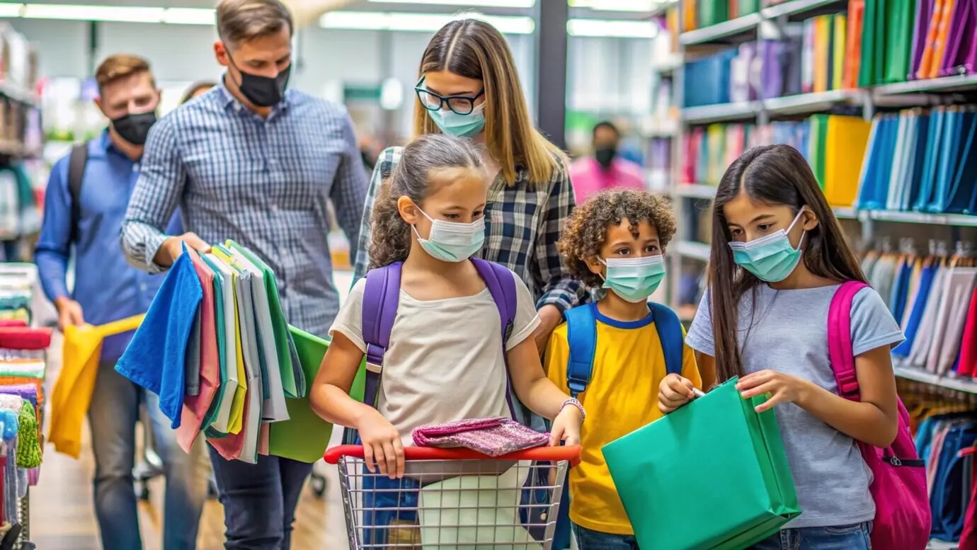 Семья делает покупки в масках и с сумками для покупок.